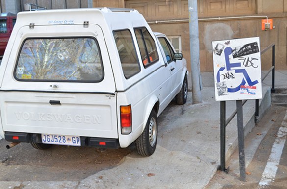PARKED IN: Students in wheelchairs would not be able to access this ramp outside the School of the Arts as a driver decided to turn into a parking bay. Photo: Pheladi Sethusa
