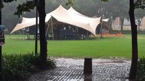 The South Arican Union of Jewish Students (SAUJUS) have erected what they call a peace tent on the library lawns. Not much foot traffic under the tent today on account of the rain. Photo: Pheladi Sethusa